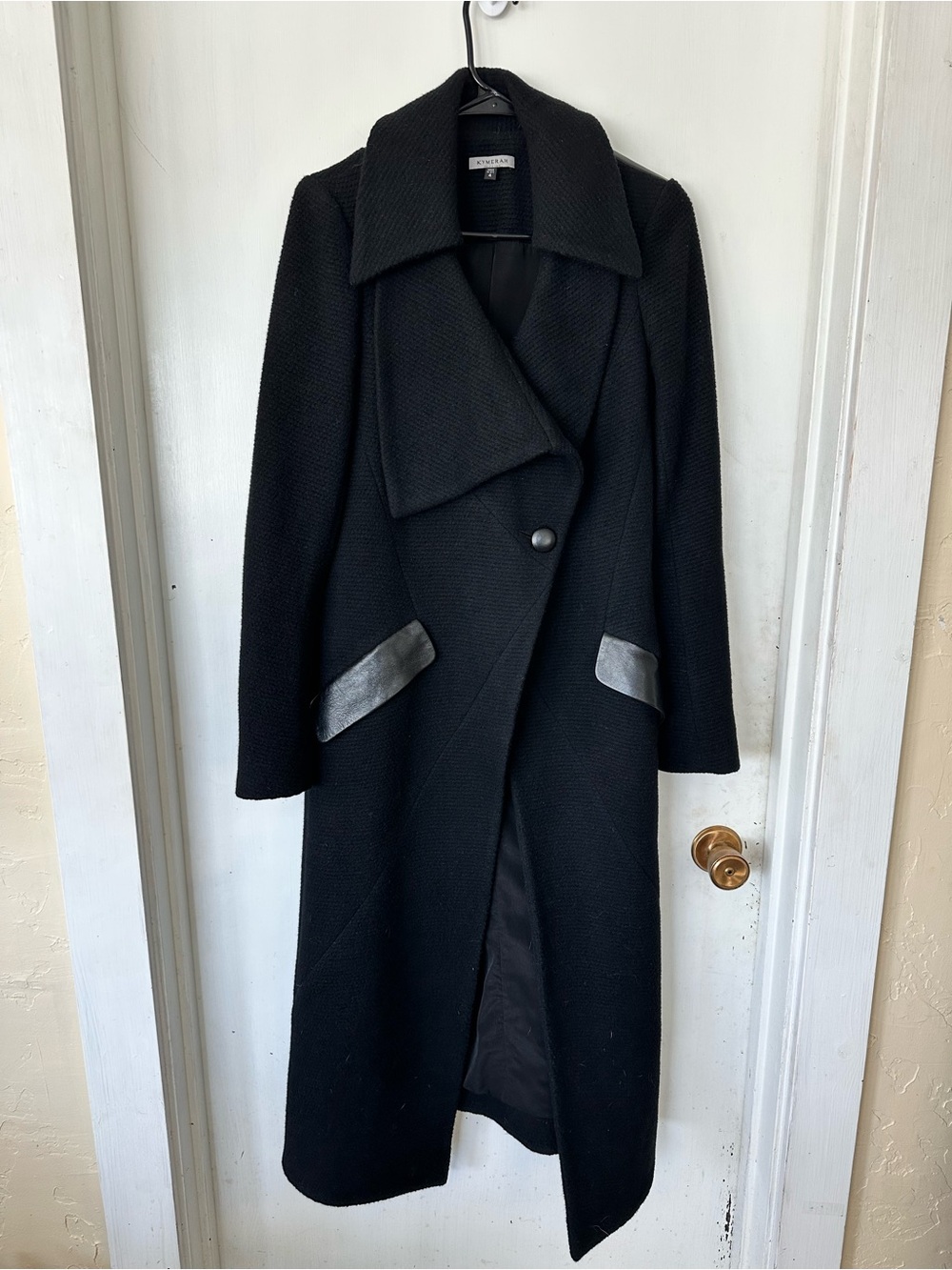 Kymerah Designer Angora Wool Blend Asymmetrical Coat with Leather Accents Size 4 - Picture 2 of 8